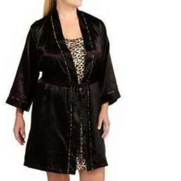 Womens Satin Robe & Nightgown Small Black Brown George Animal Print Chemise Set - Picture 1 of 6